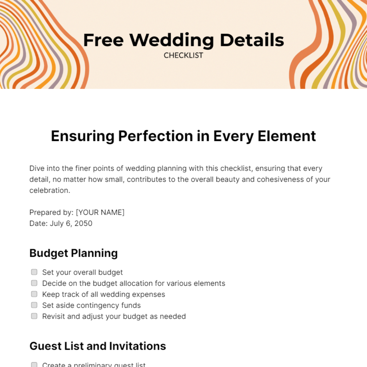 Wedding Details Checklist Template
