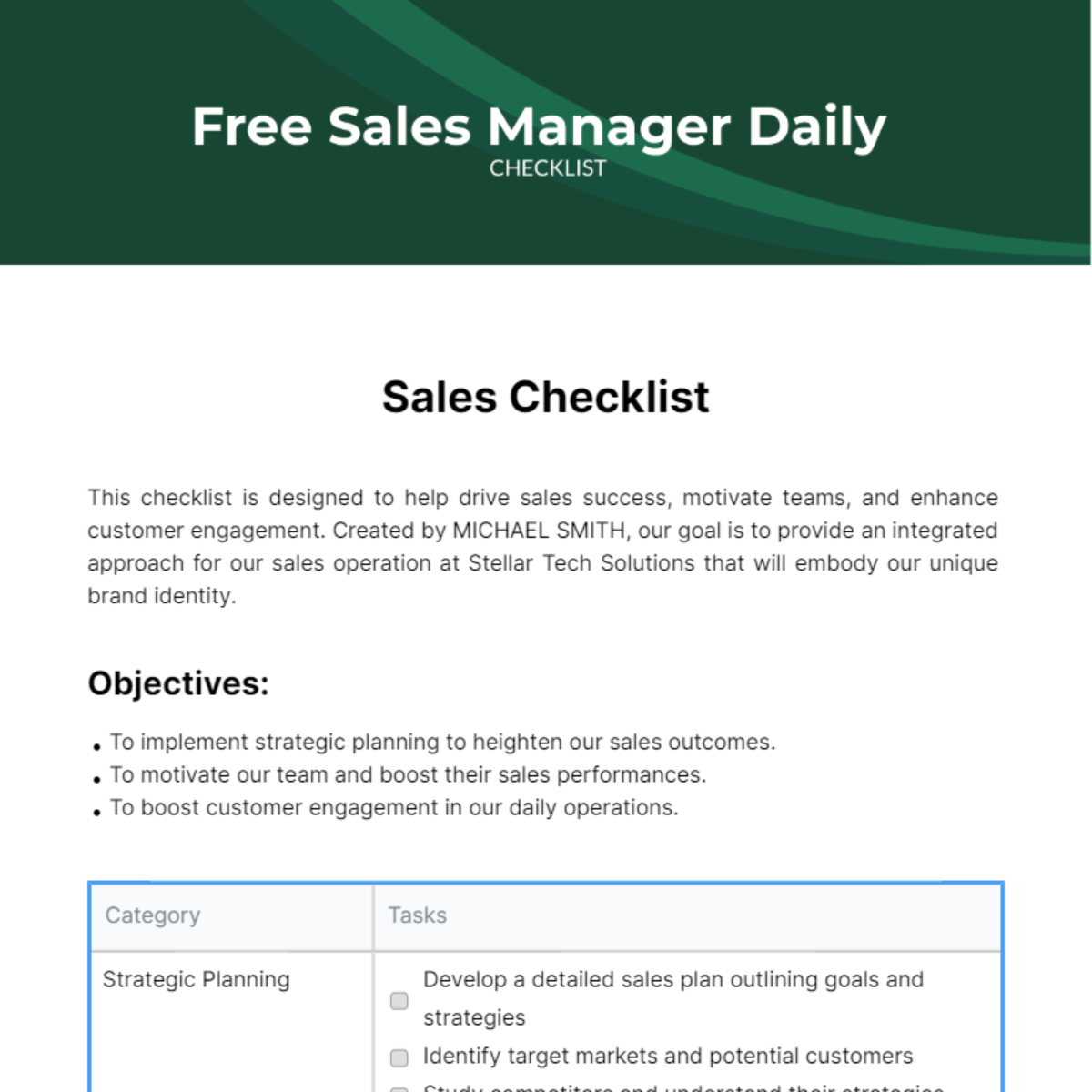 Sales Manager Daily Checklist Template