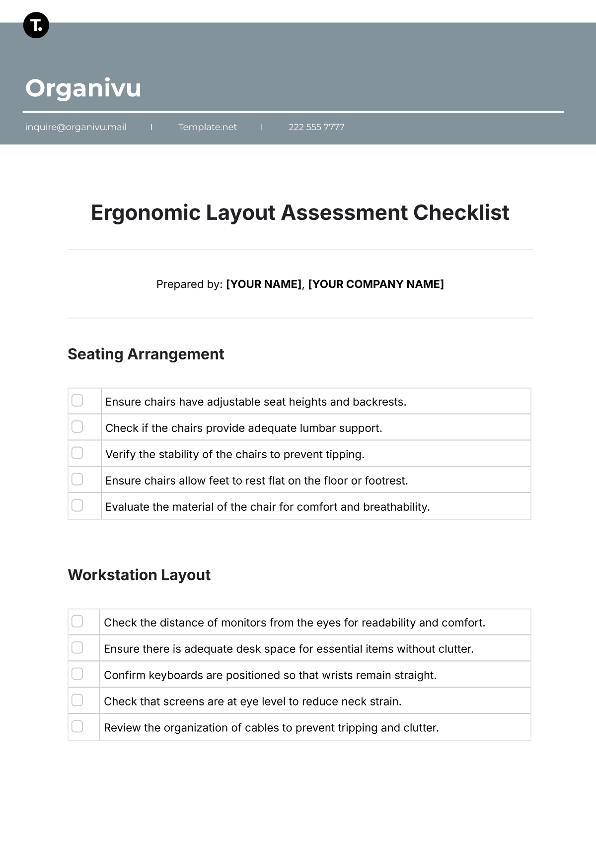 Free Ergonomic Layout Assessment Checklist Template