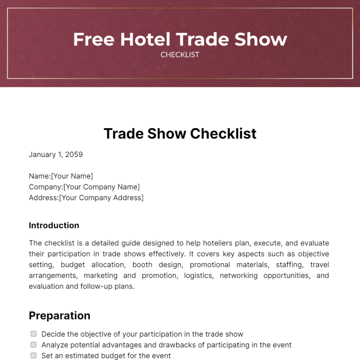 Hotel Trade Show Checklist Template