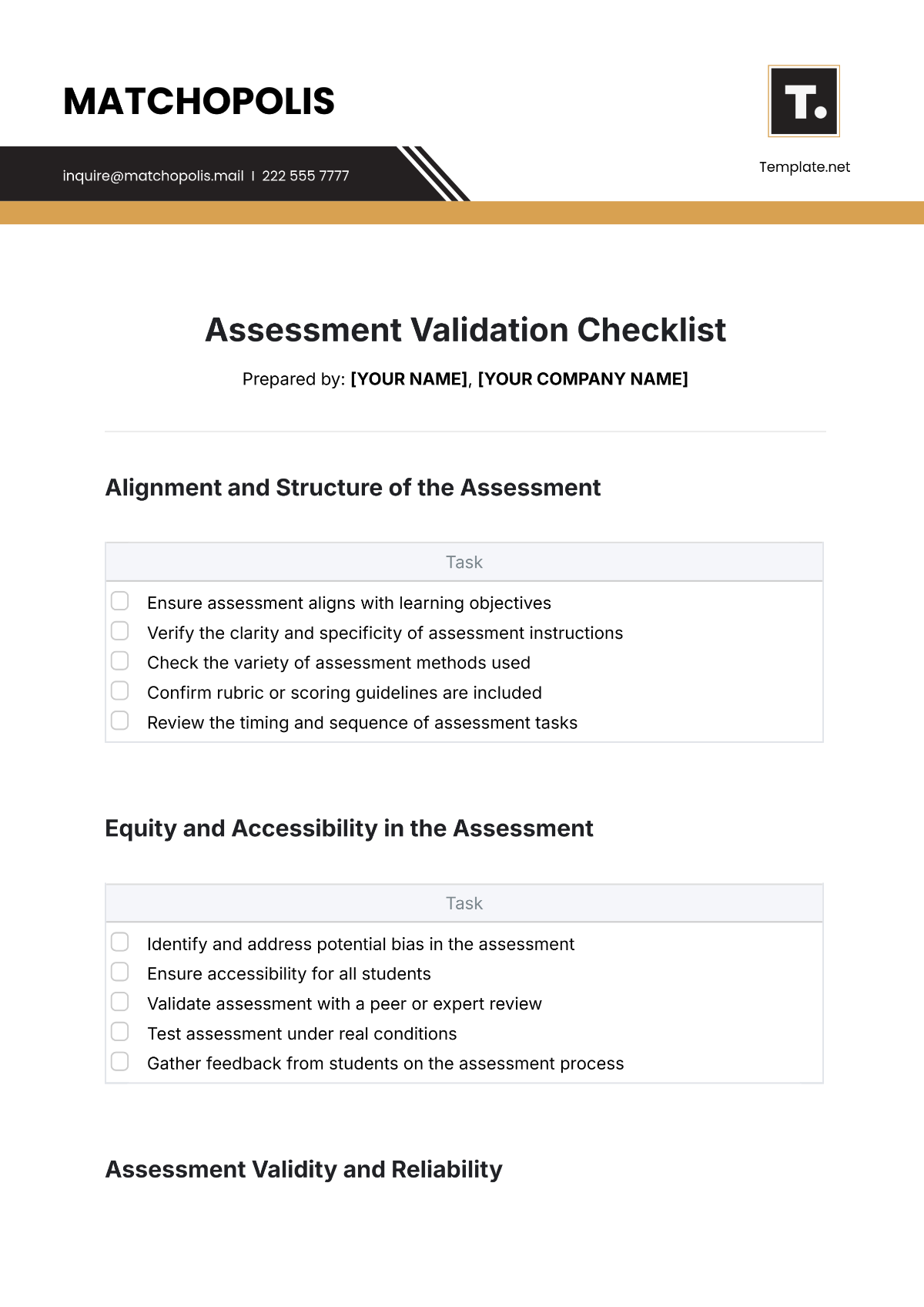 Free Assessment Validation Checklist Template