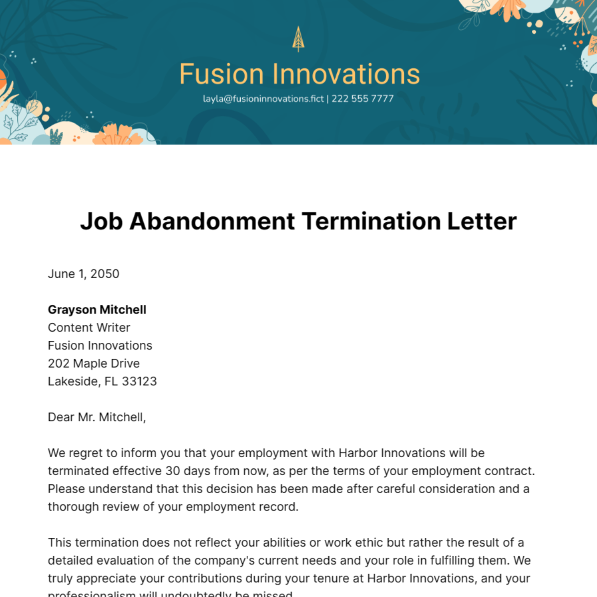 Job Abandonment Termination Letter Template