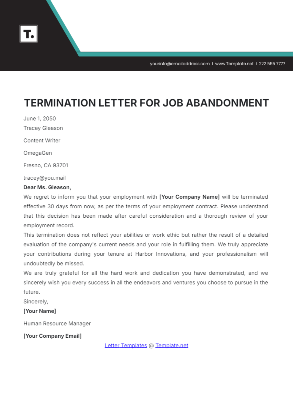 Termination Letter Template for Job Abandonment - Edit Online & Download