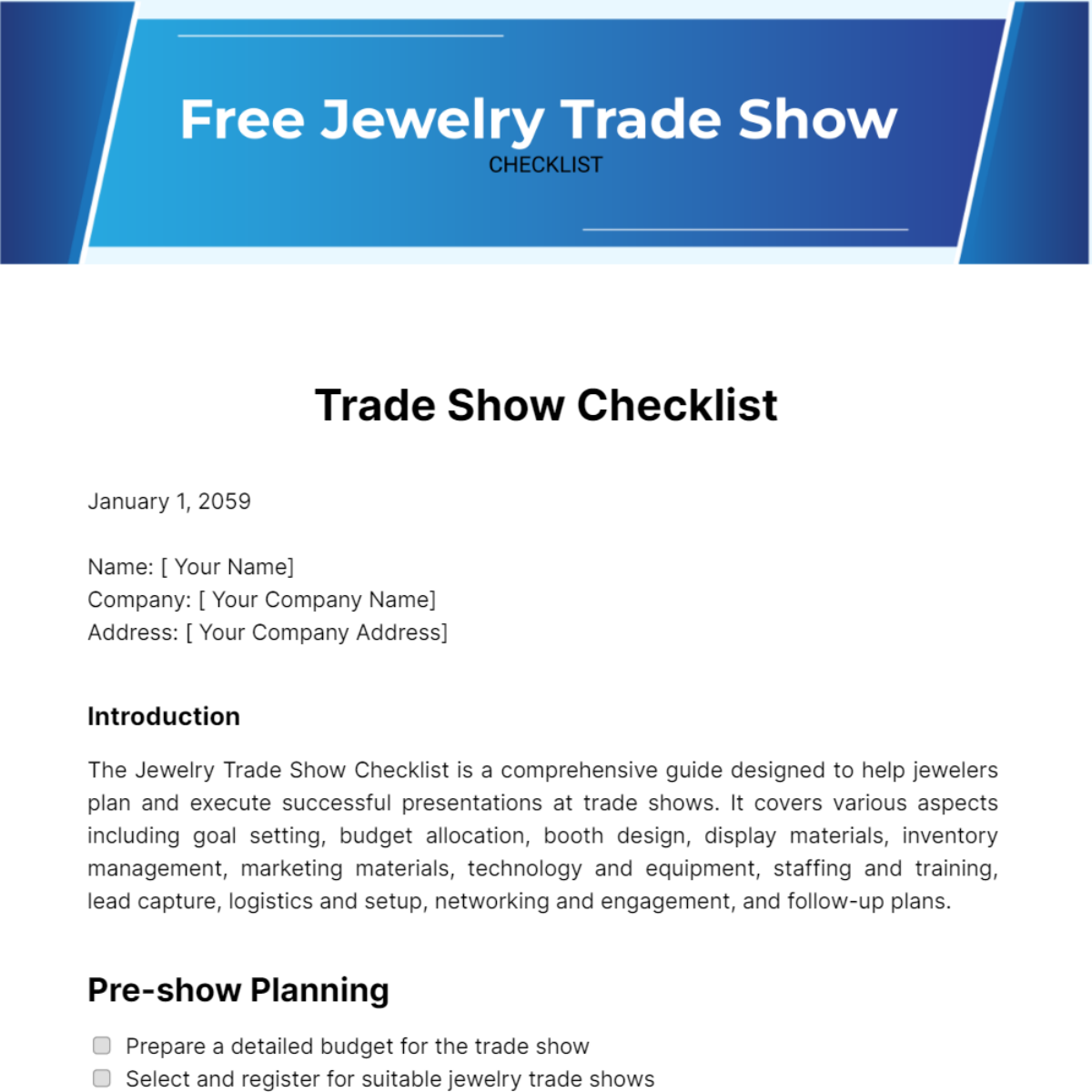 Free Jewelry Trade Show Checklist Template