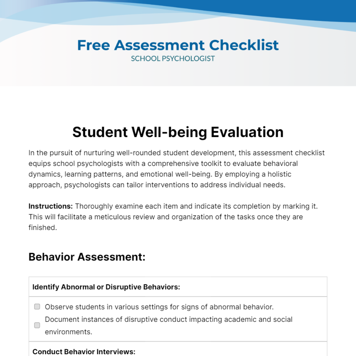 Assessment Checklist School Psychologist Template
