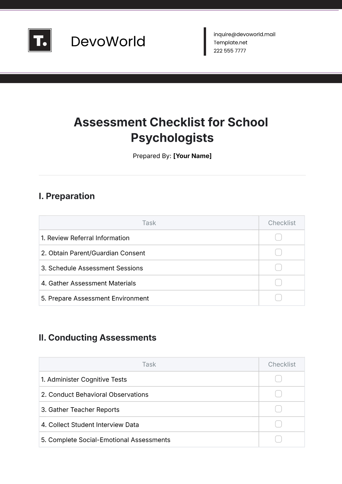 Free Assessment Checklist School Psychologist Template