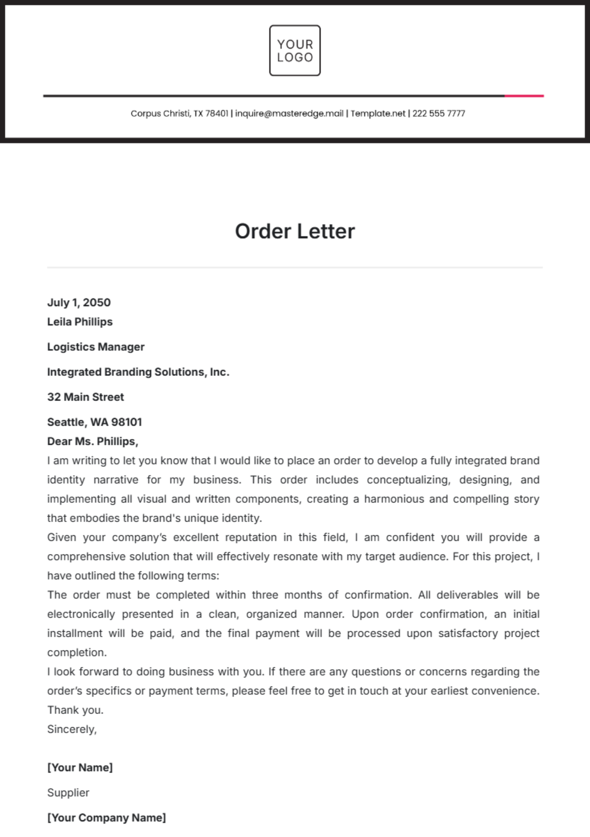 Order Letter Template - Edit Online & Download