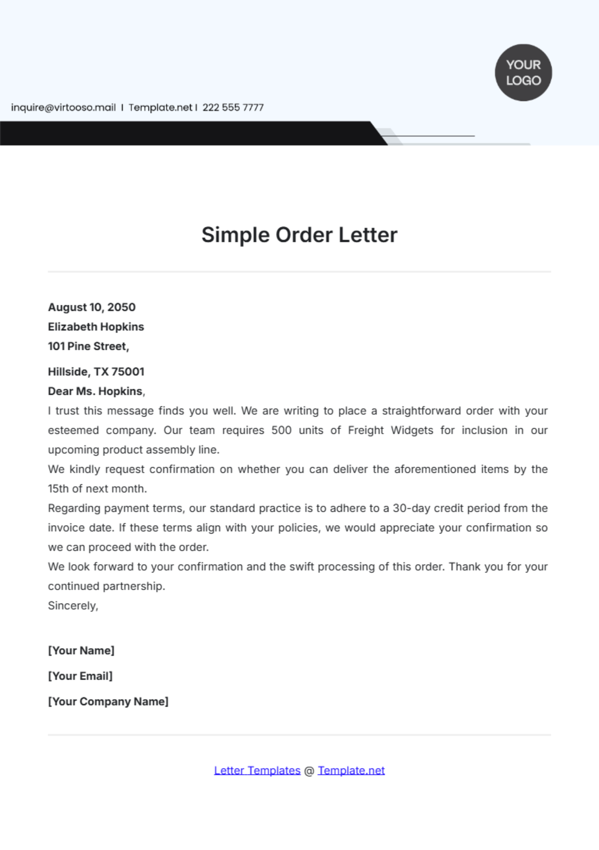 Simple Order Letter Template - Edit Online & Download