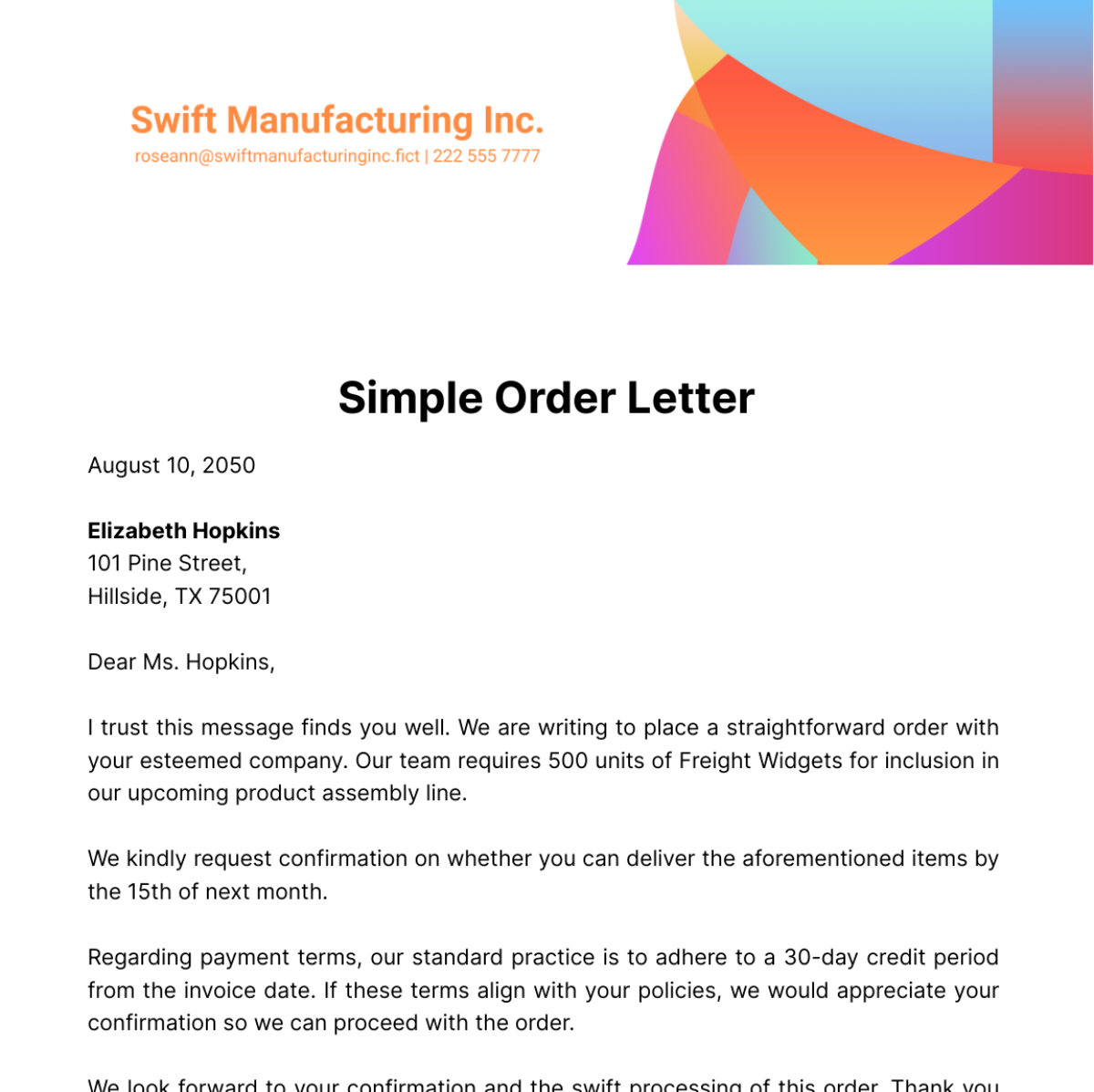 Simple Order Letter Template