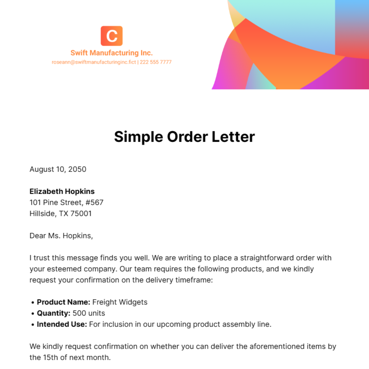 Free Simple Order Letter Edit Online And Download