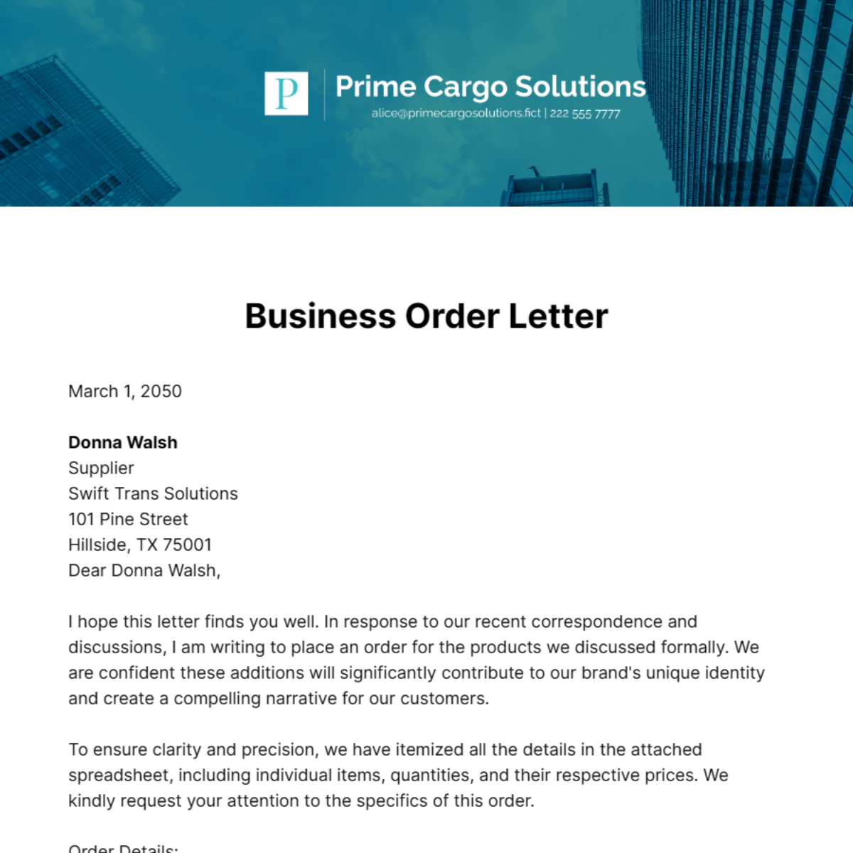 Business Order Letter Template