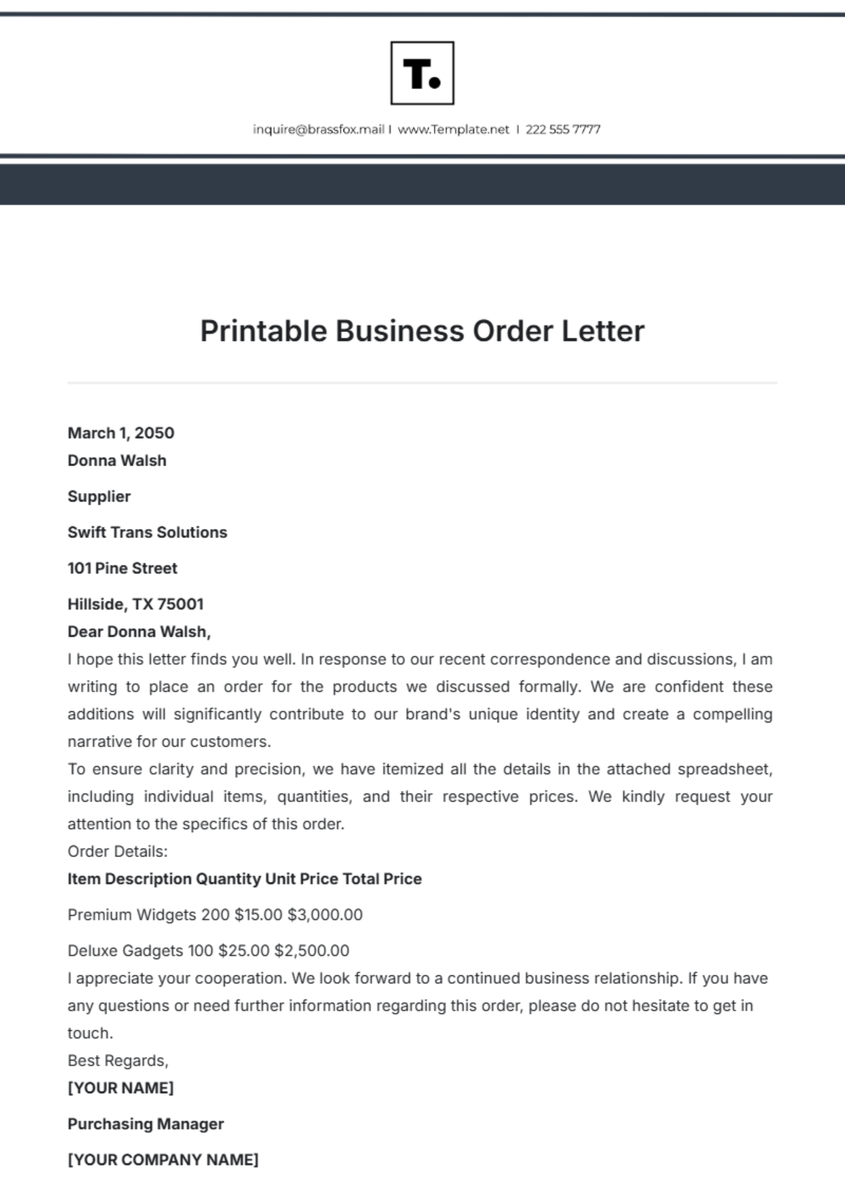 Printable Business Order Letter Template - Edit Online & Download