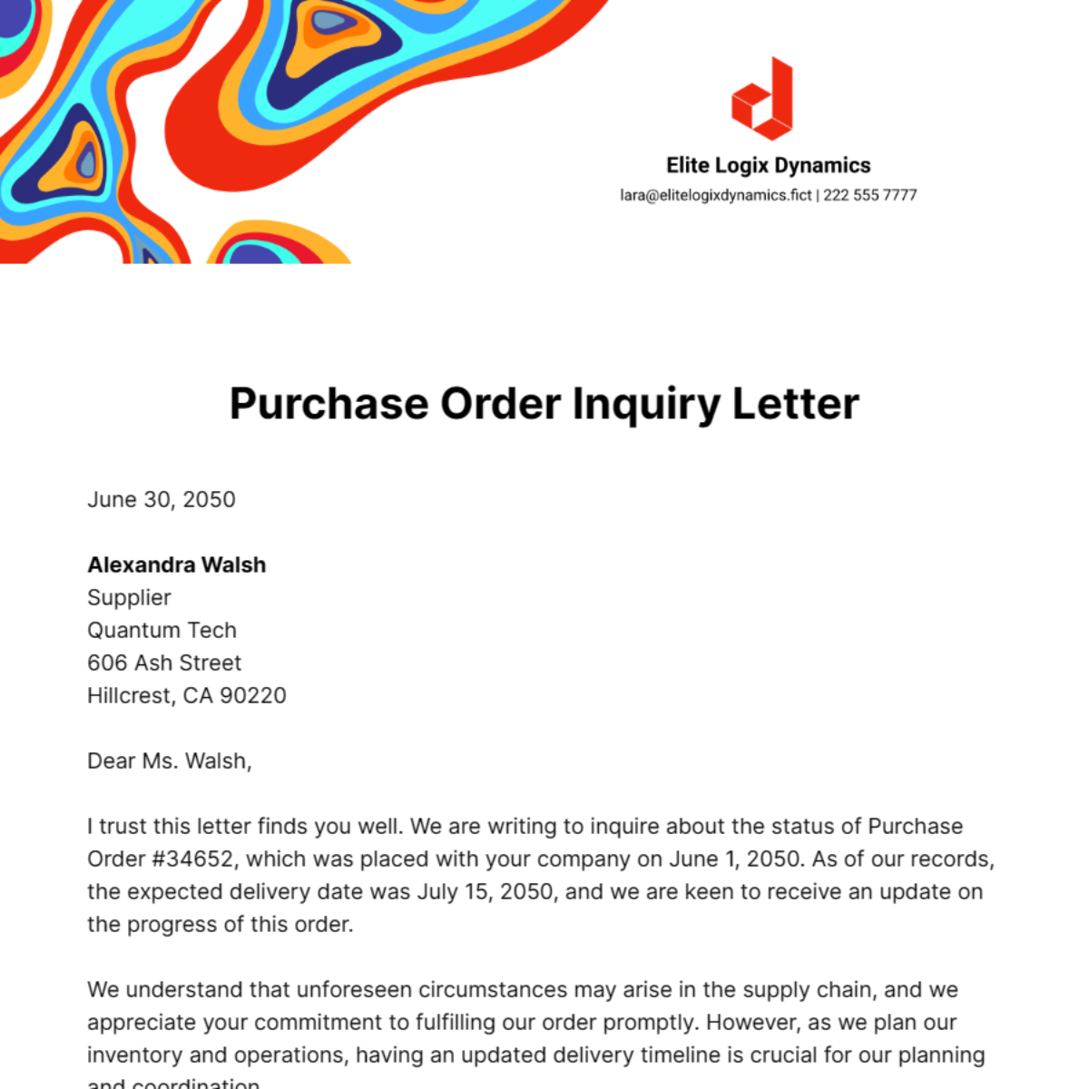Purchase Order Inquiry Letter Template
