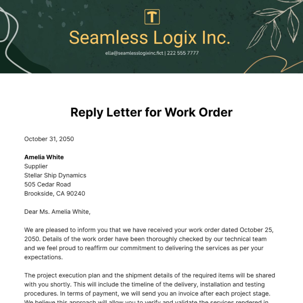 Free Reply Letter for Work Order Template