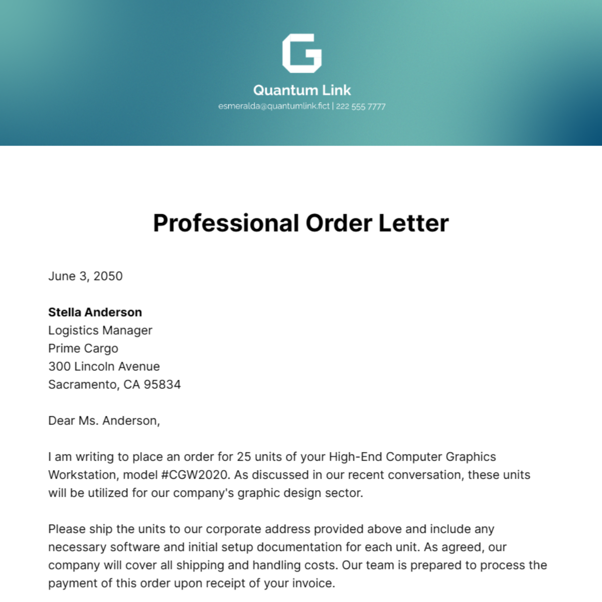 Professional Order Letter Template