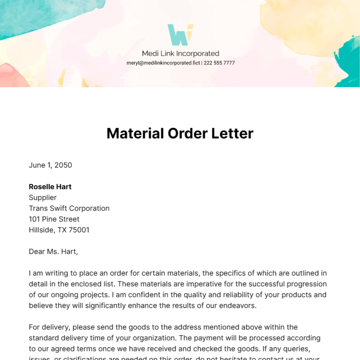Free Material Order Letter Template