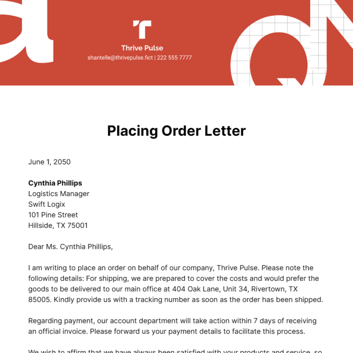 Placing Order Letter Template