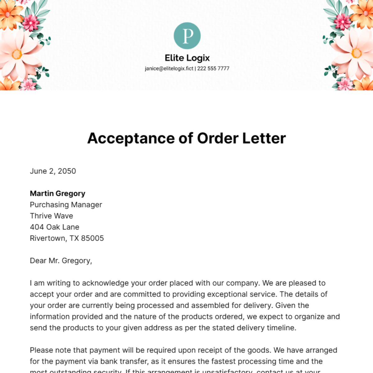 Free Acceptance of Order Letter Template