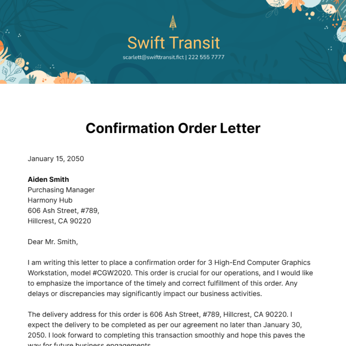 Free Confirmation Order Letter Template