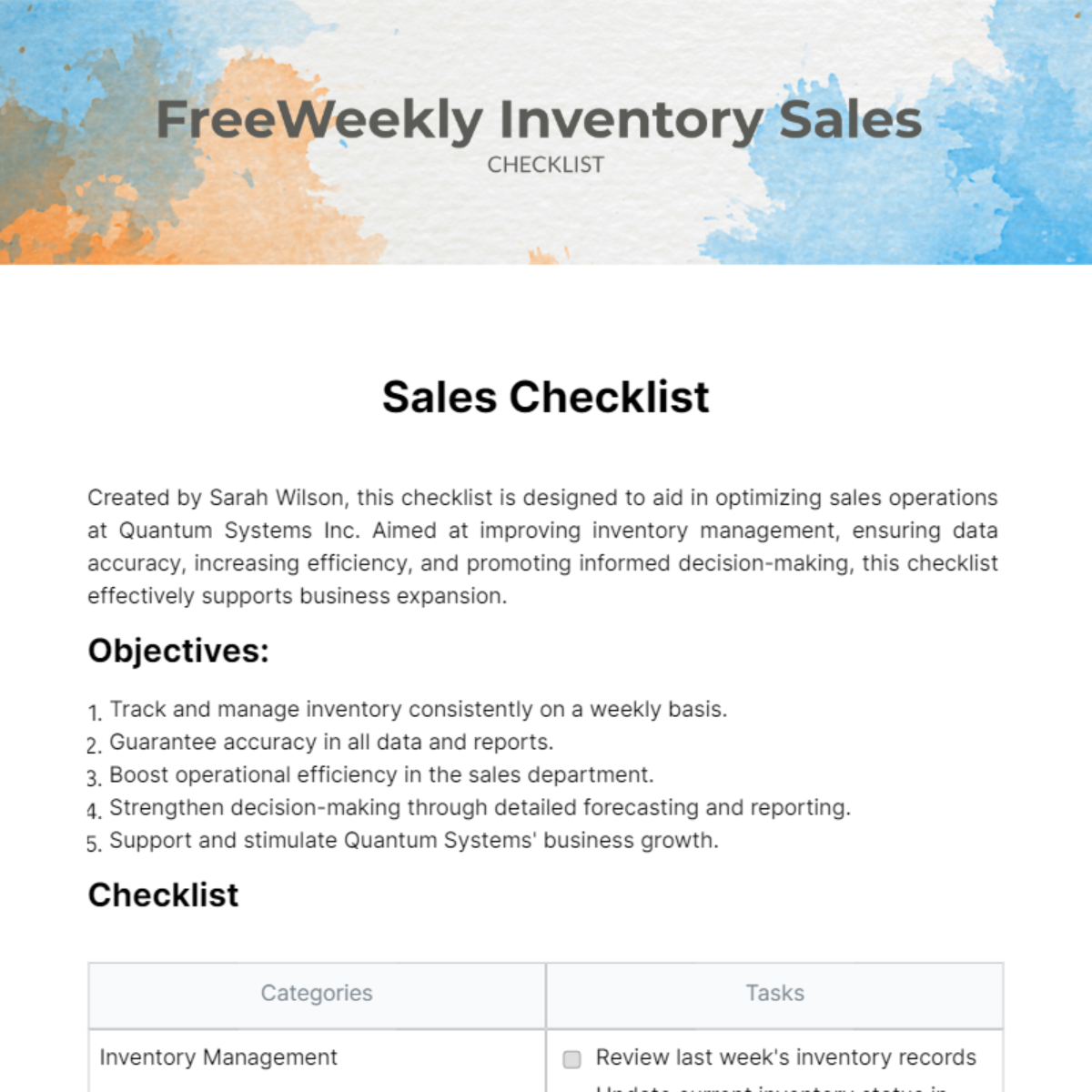 Weekly Inventory Sales Checklist Template