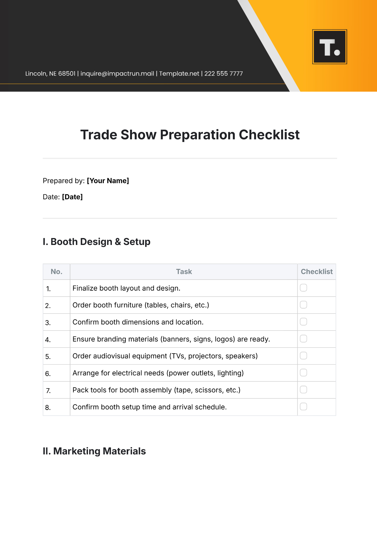 Trade Show Preparation Checklist Template - Edit Online & Download