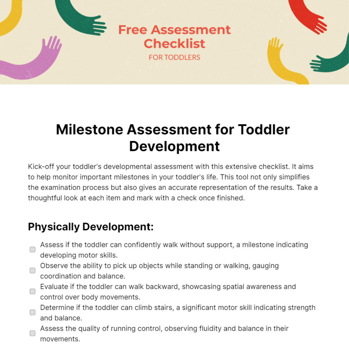Assessment Checklist for Toddlers Template