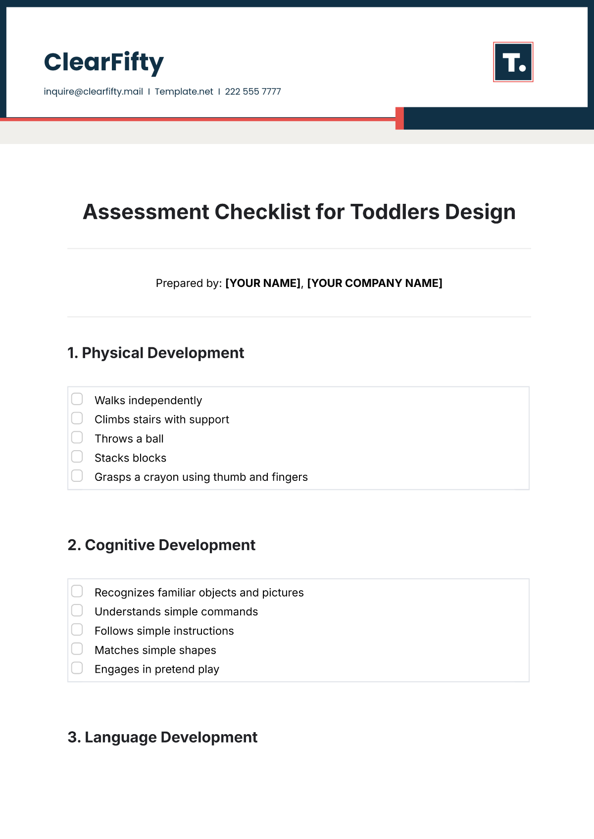 Free Assessment Checklist for Toddlers Template