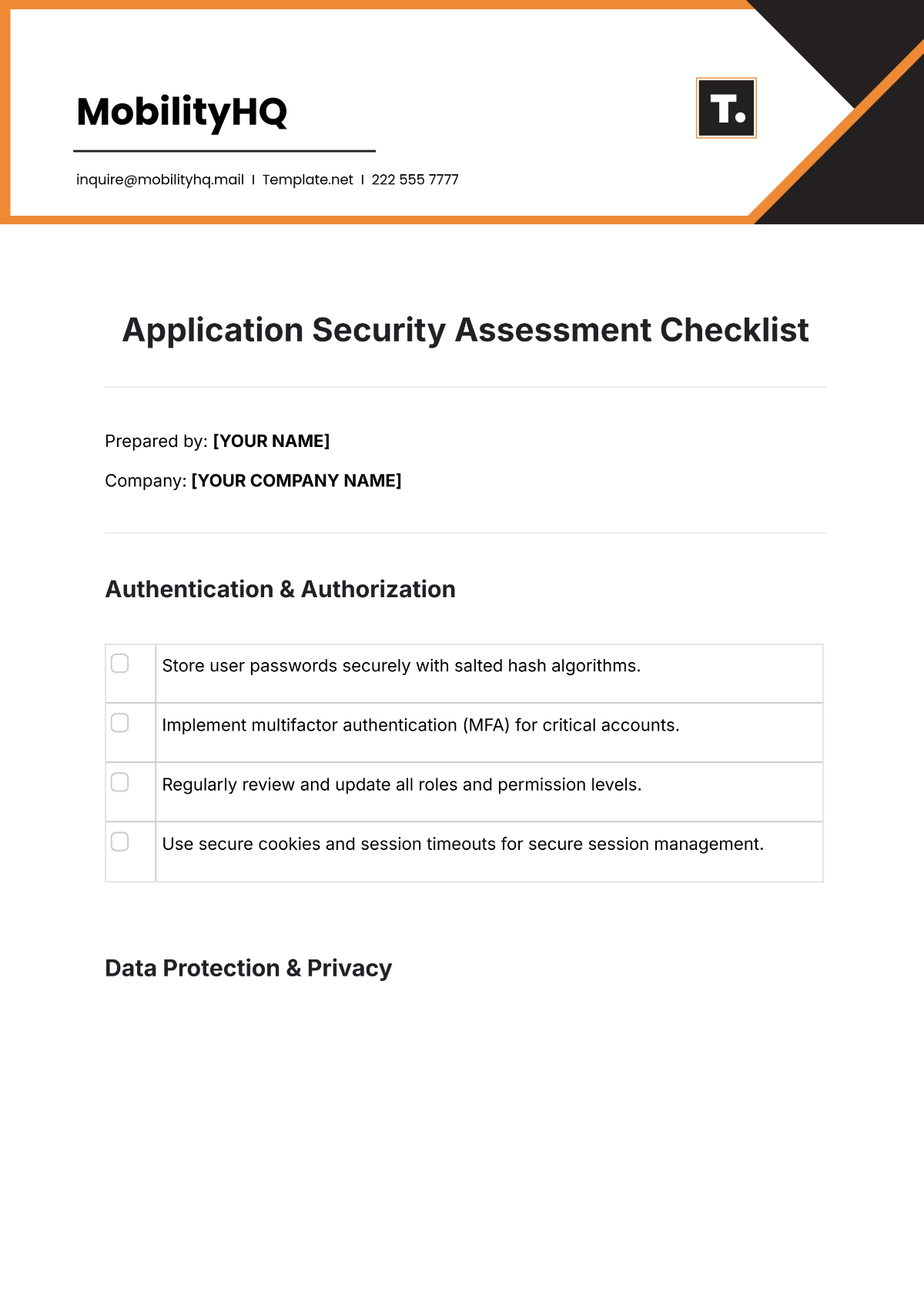 Free Application Security Assessment Checklist Template