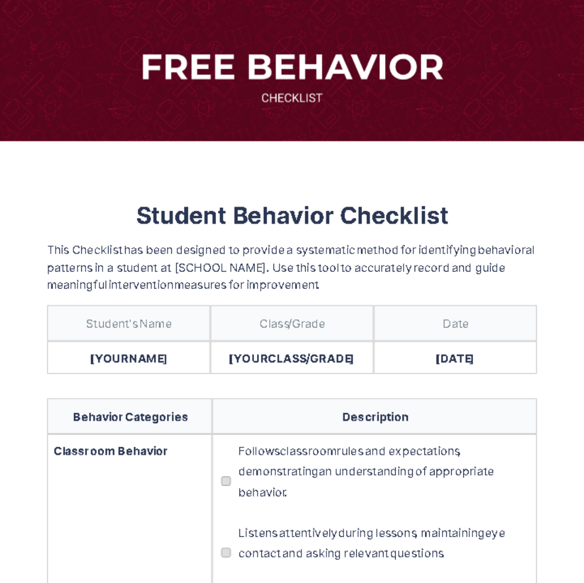 Behavior Checklist Template