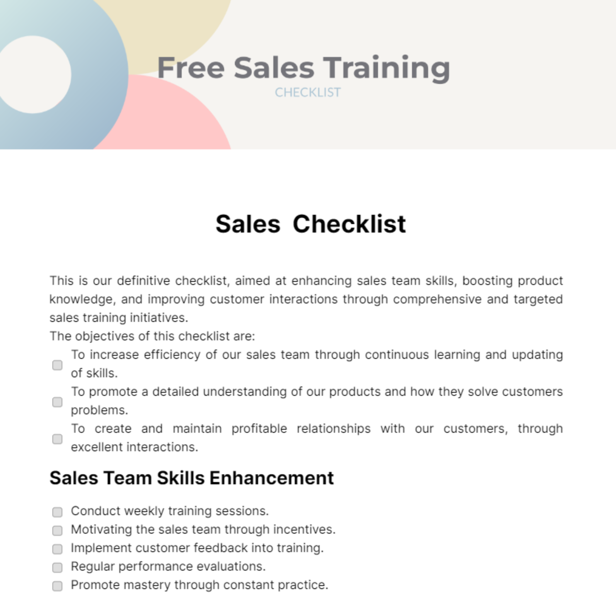 Sales Training Checklist Template
