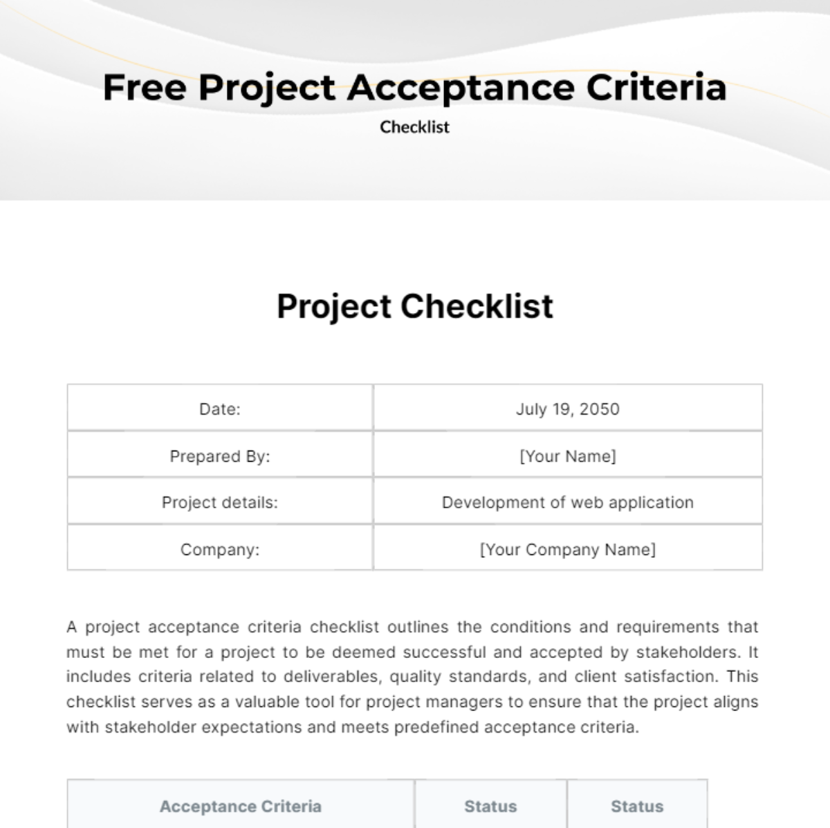 Project Acceptance Criteria Checklist Template