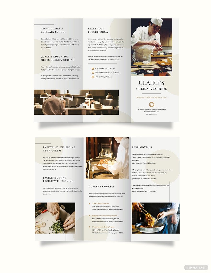 Culinary School Tri-Fold Brochure Template in Word, Google Docs, Illustrator, PSD, Apple Pages, Publisher, InDesign