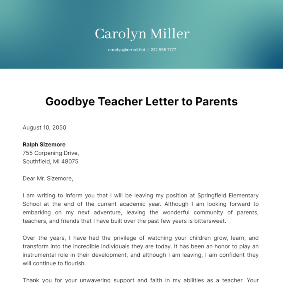 Goodbye Teacher Letter to Parents Template