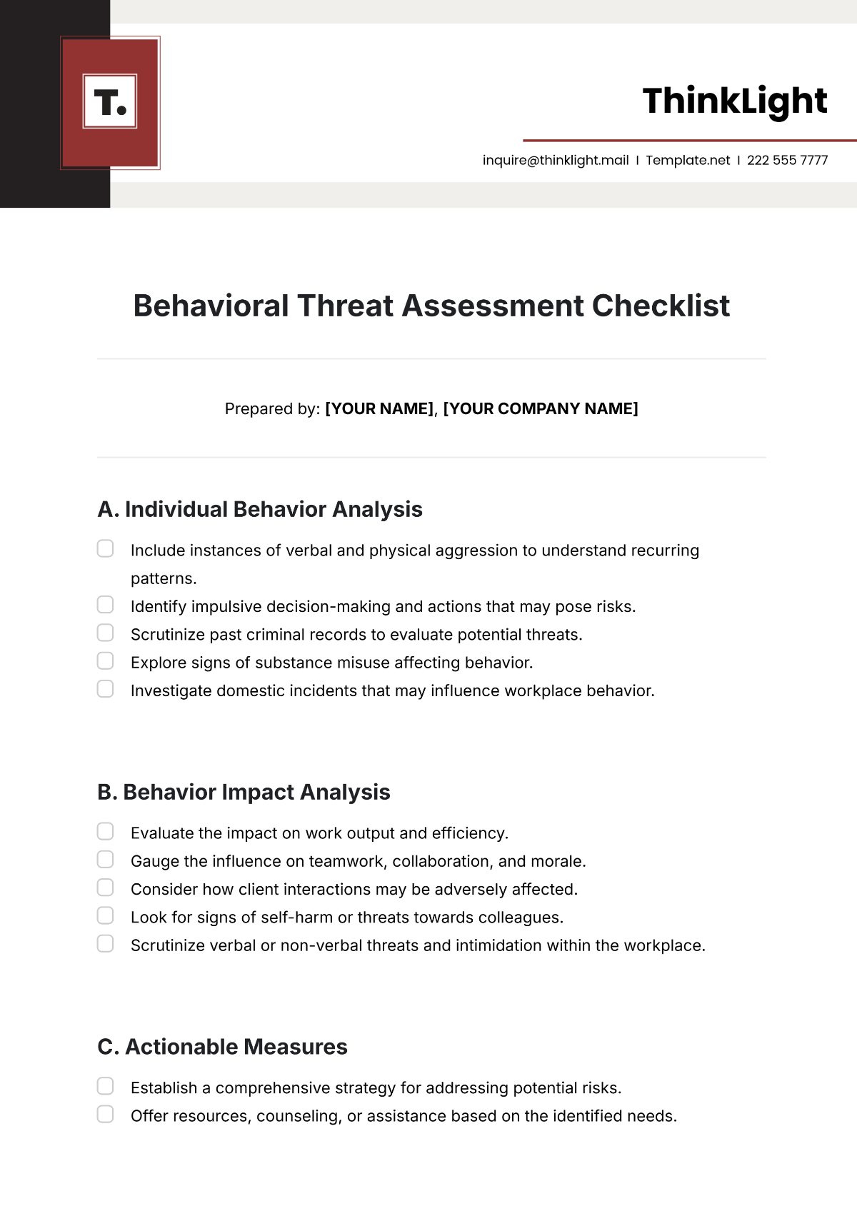 Free Behavioral Threat Assessment Checklist Template