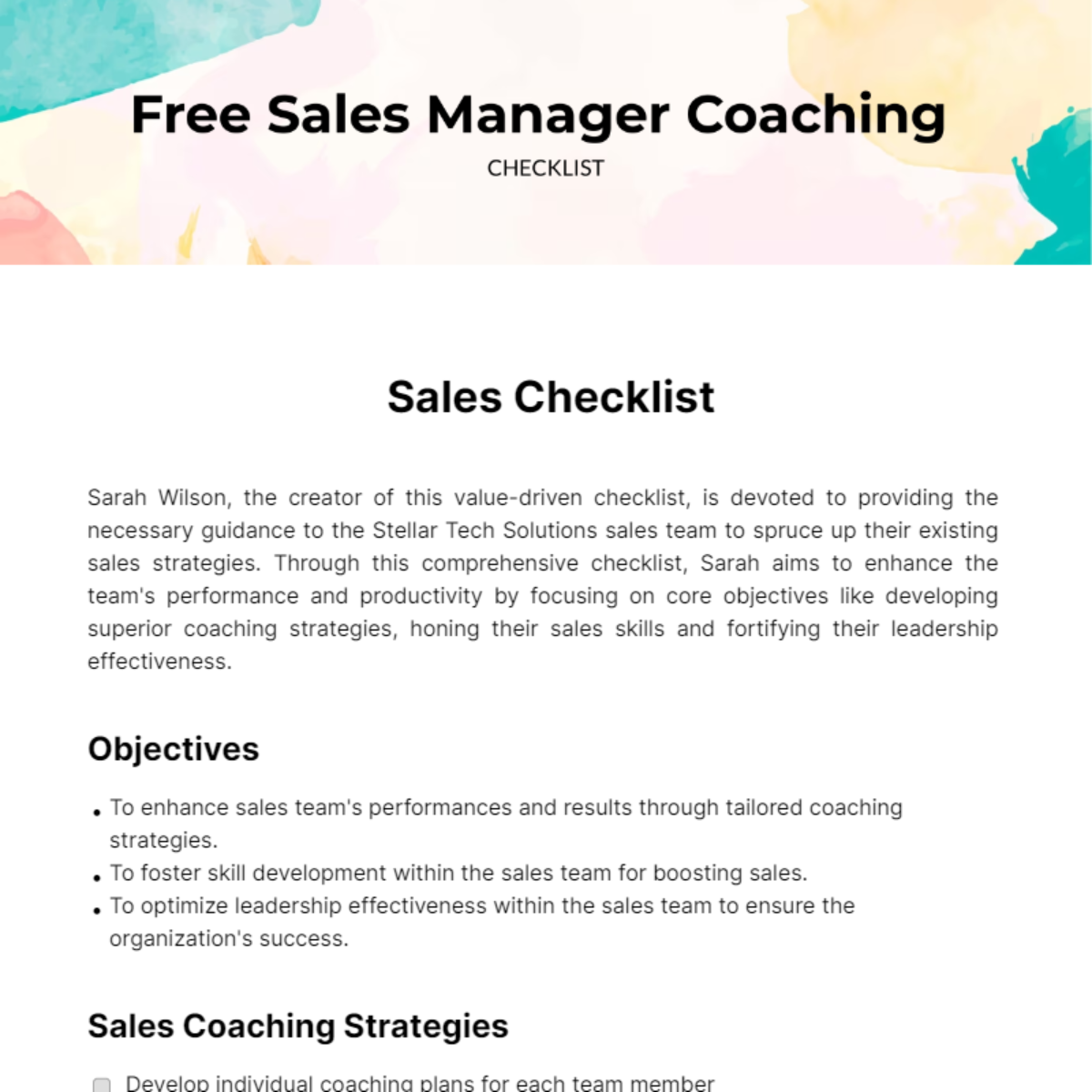Sales Manager Coaching Checklist Template