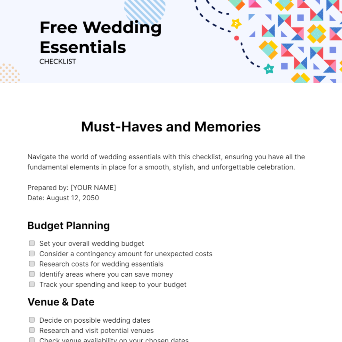 Wedding Essentials Checklist Template