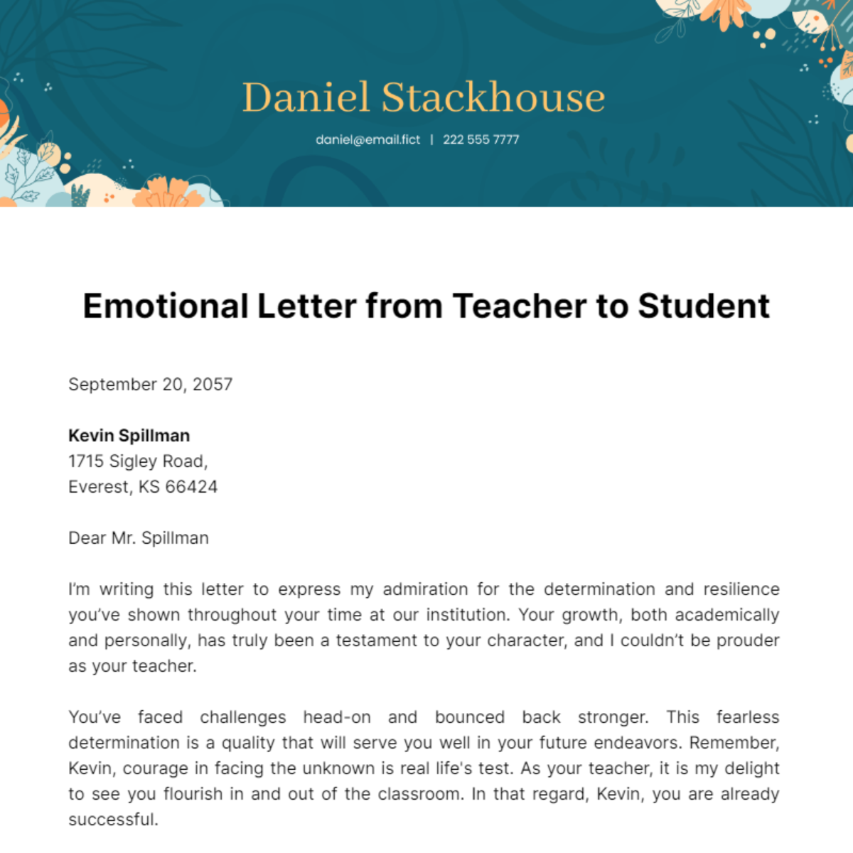 Emotional Letter from Teacher to Student Template
