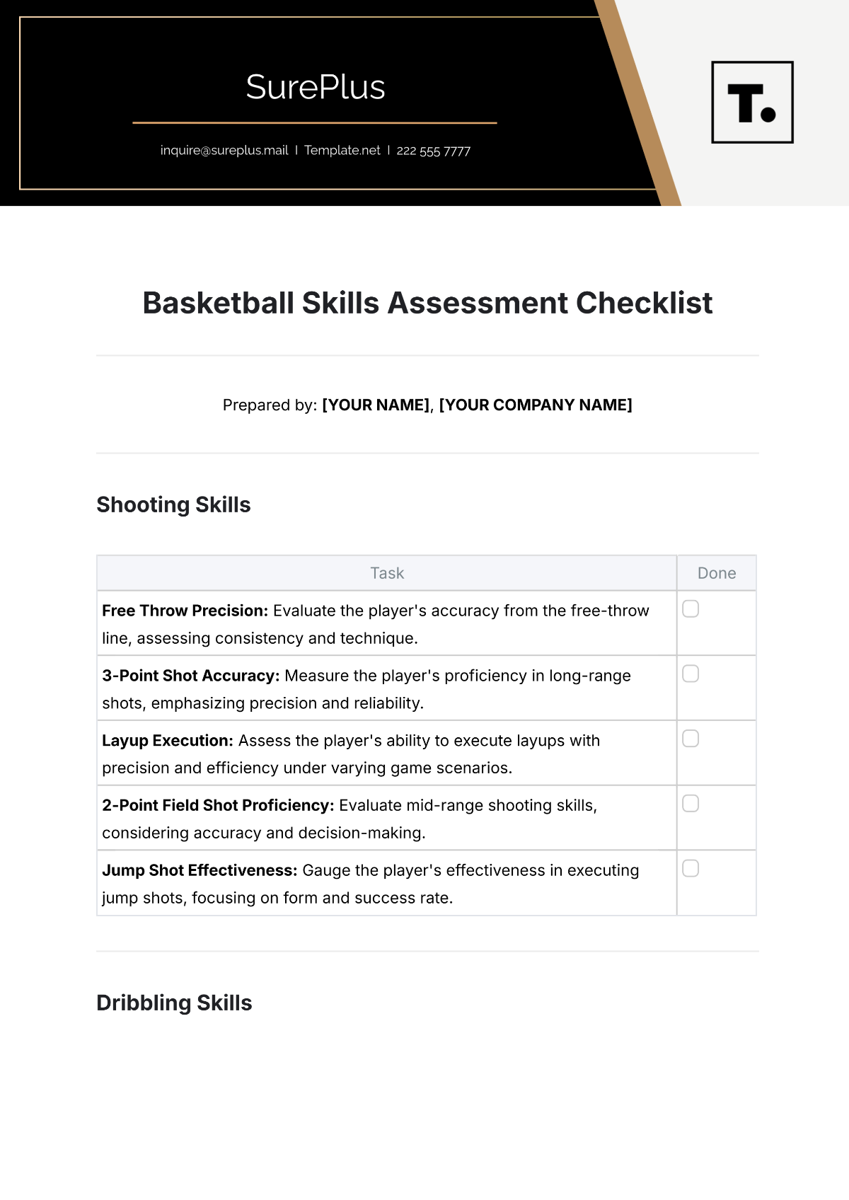 Free Basketball Skills Assessment Checklist Template