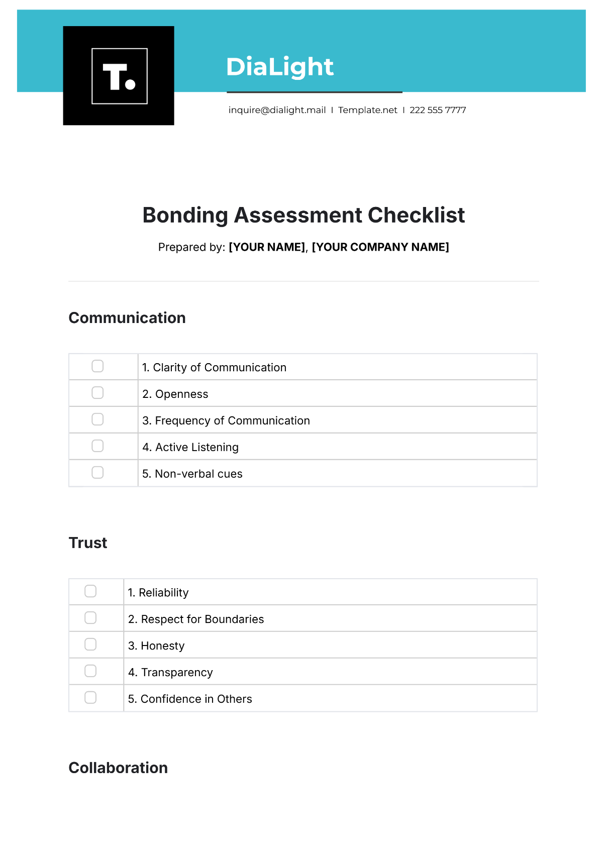 Free Bonding Assessment Checklist Template