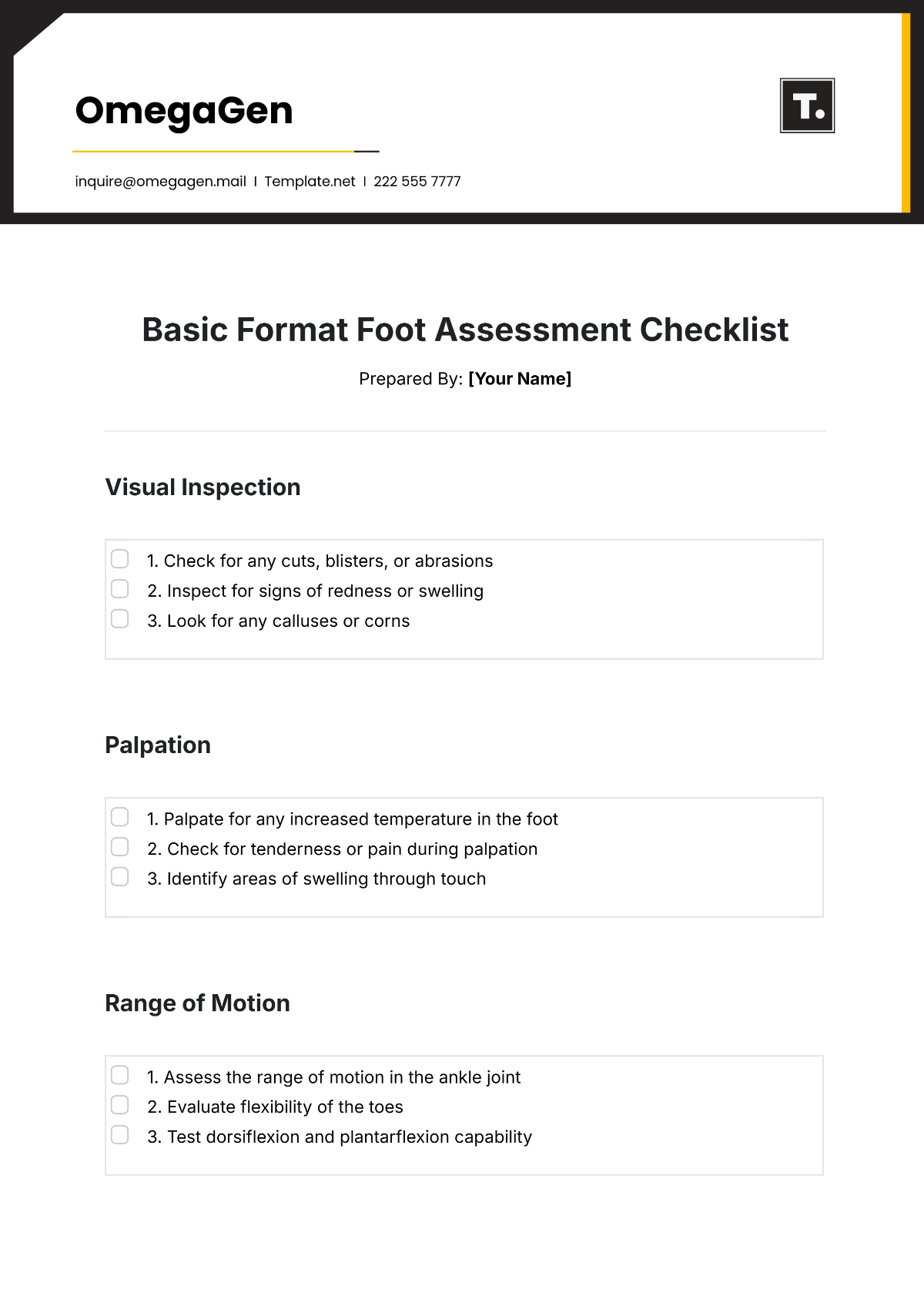 Free Basic Format Foot Assessment Checklist Template