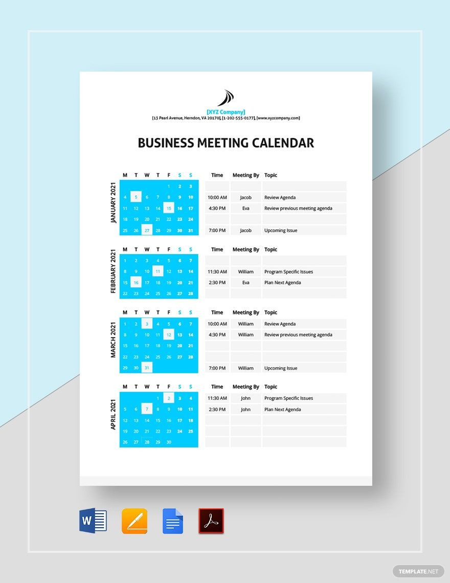 Business Meeting Calendar Template Google Docs Word Apple Pages 