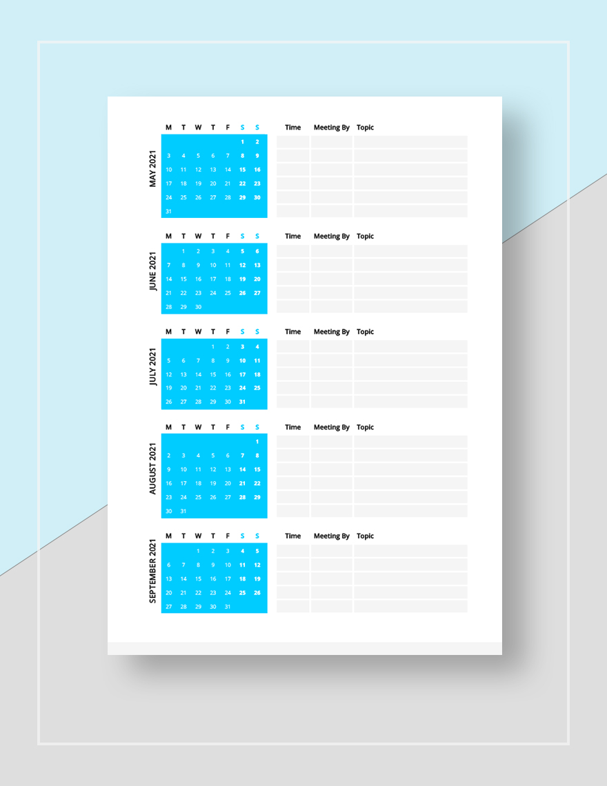 Business Meeting Calendar Template Google Docs, Word, Apple Pages