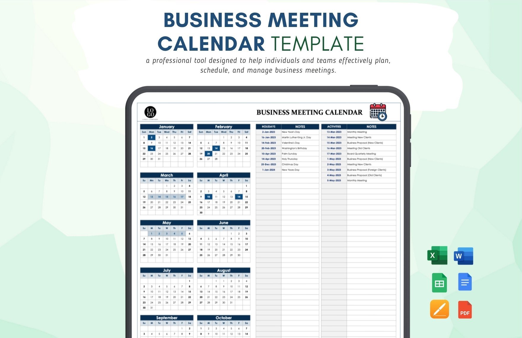 Business Meeting Calendar Template in Word, Google Docs, Excel, PDF, Google Sheets, Apple Pages