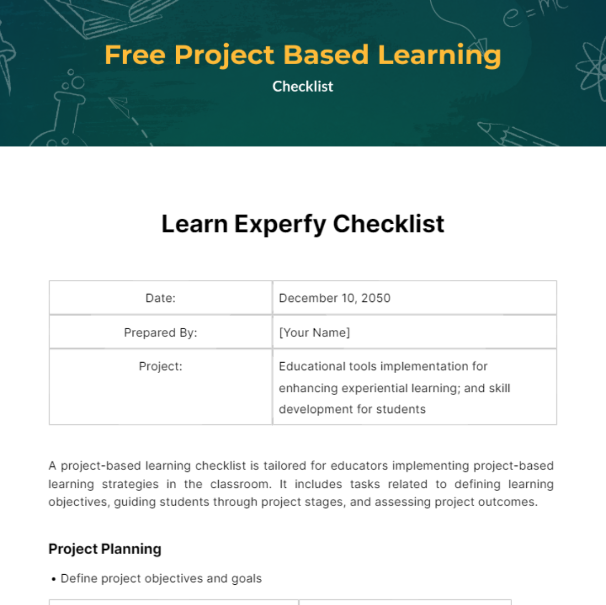 Project Based Learning Checklist Template