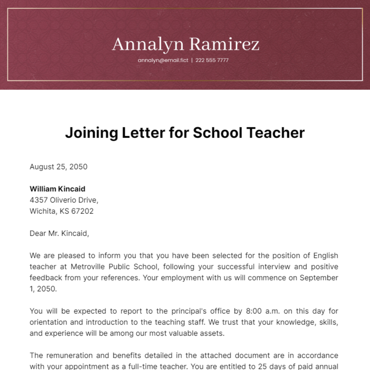 Joining Letter for School Teacher Template