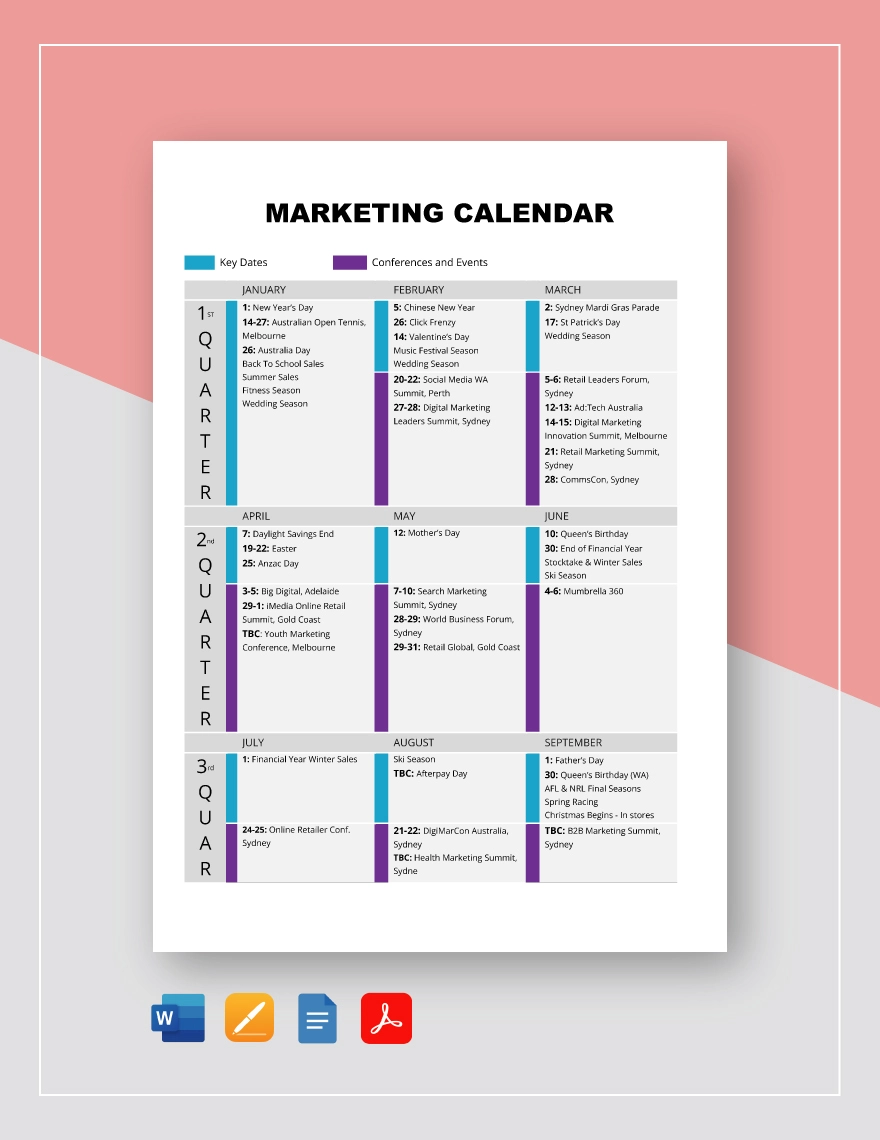Marketing Calendar Template in Google Docs, Apple Pages, Word, PDF to Download