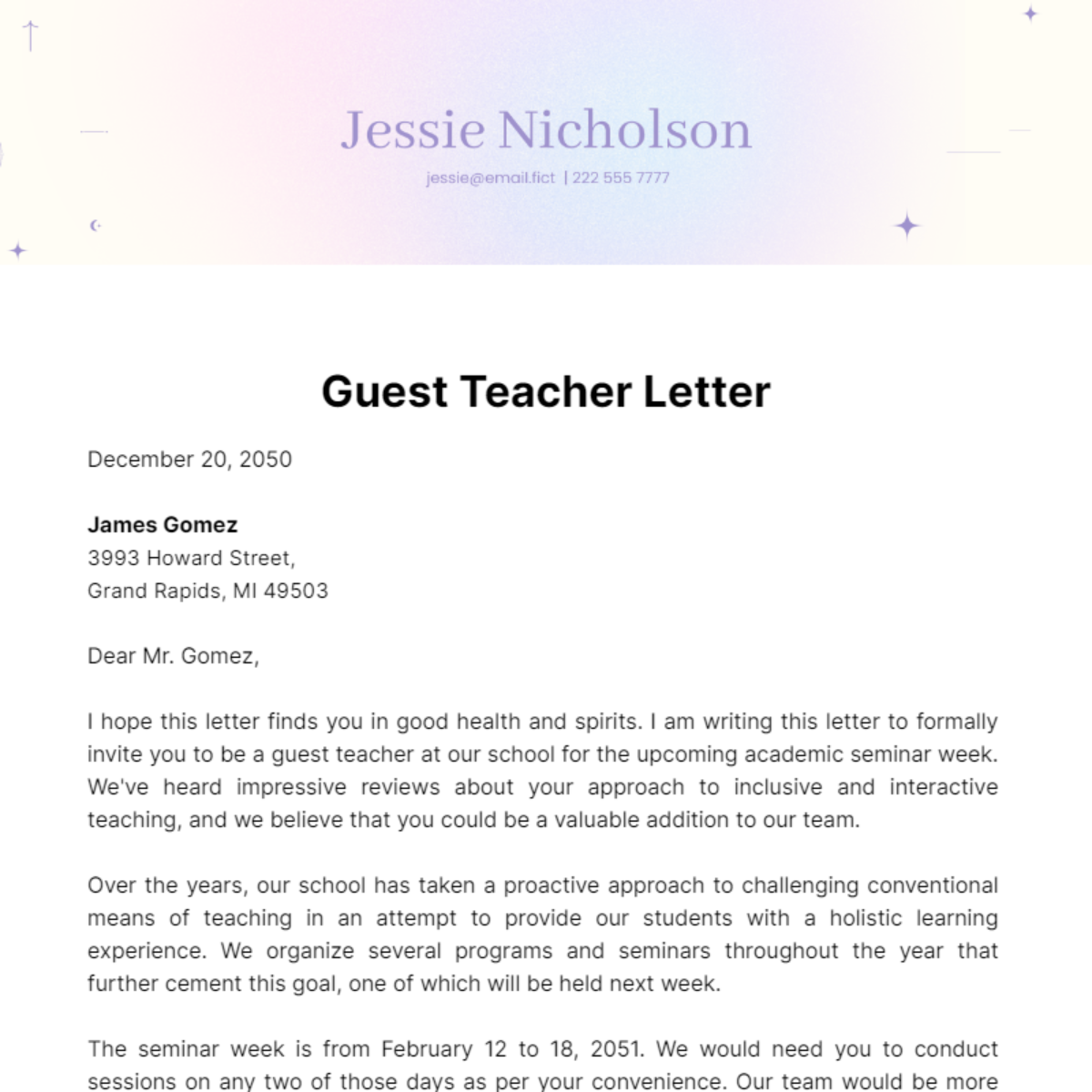 Guest Teacher Letter Template