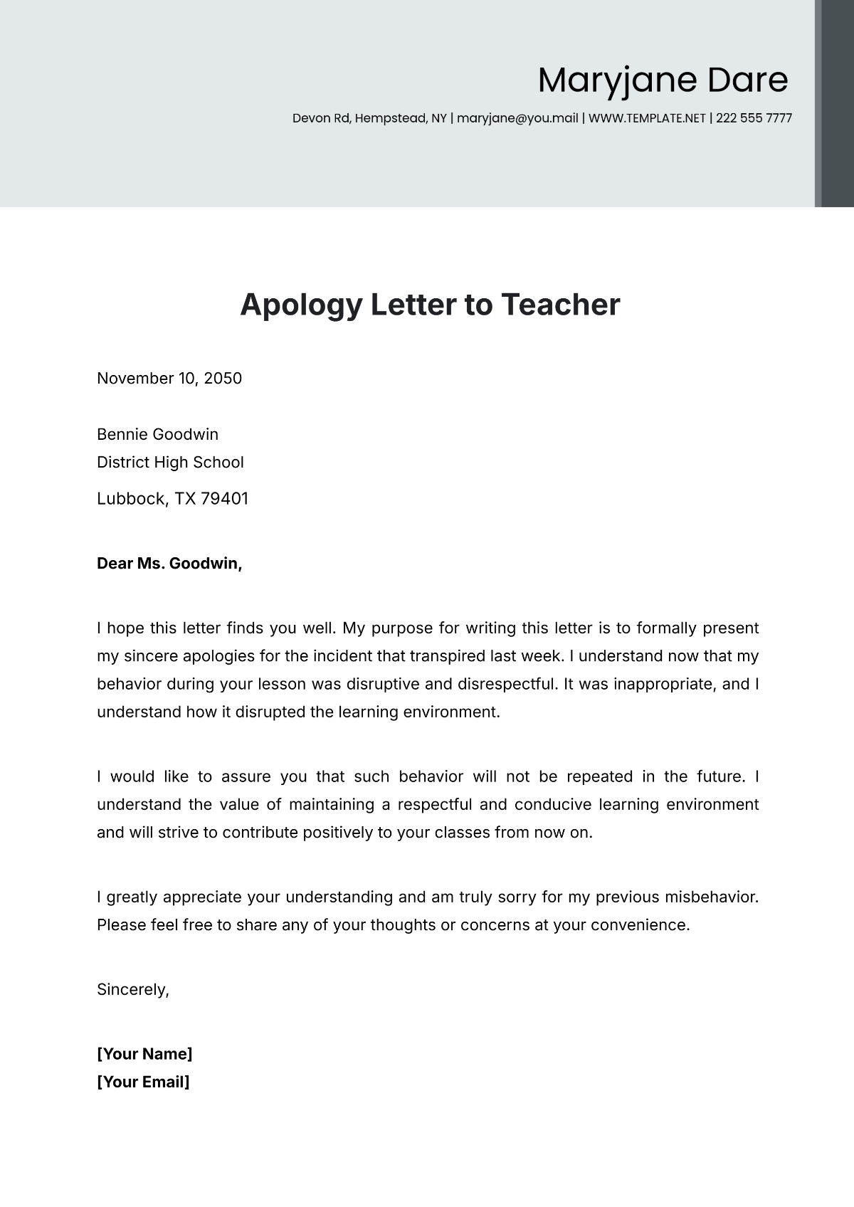 Apology Letter to Teacher Template - Edit Online & Download