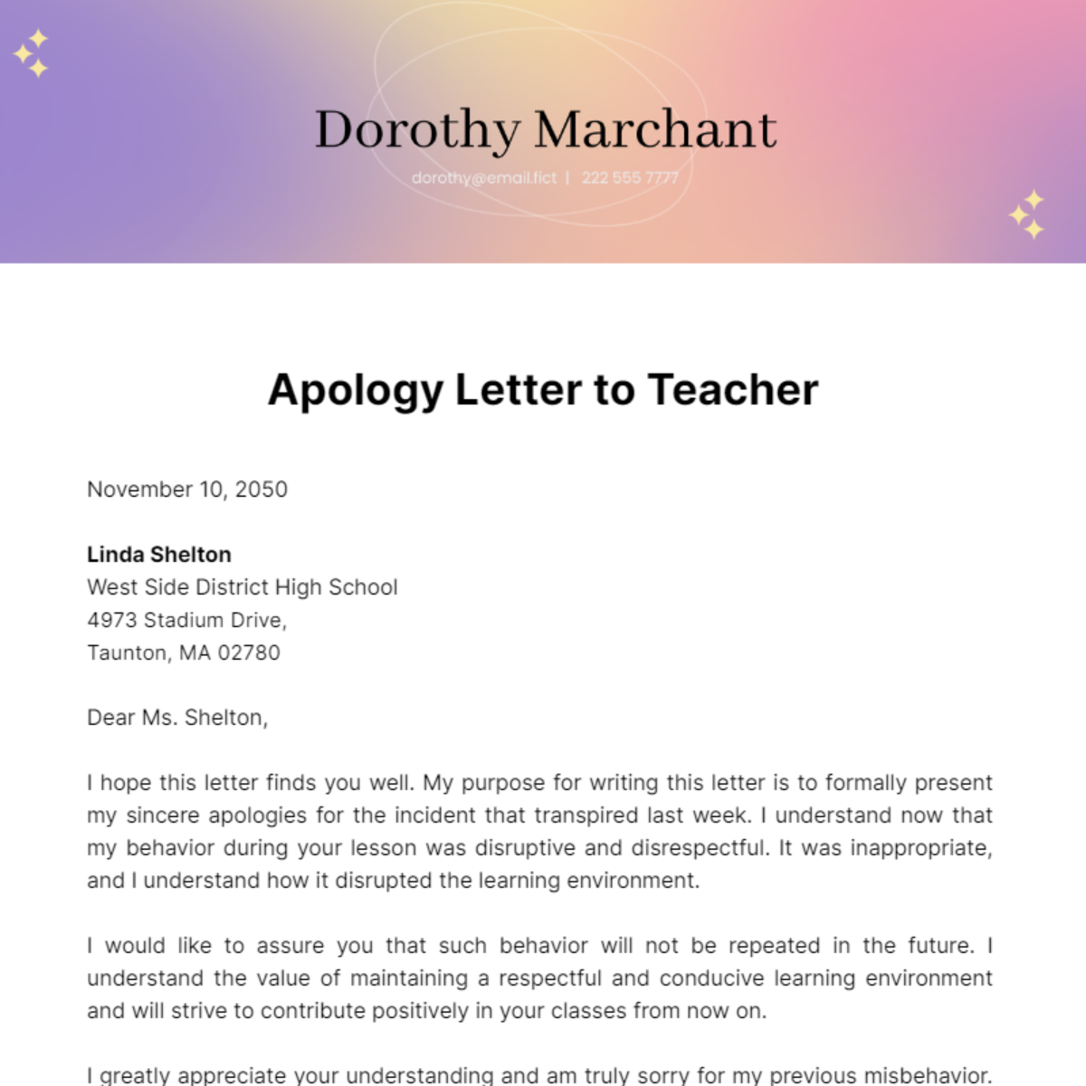 Apology Letter to Teacher Template