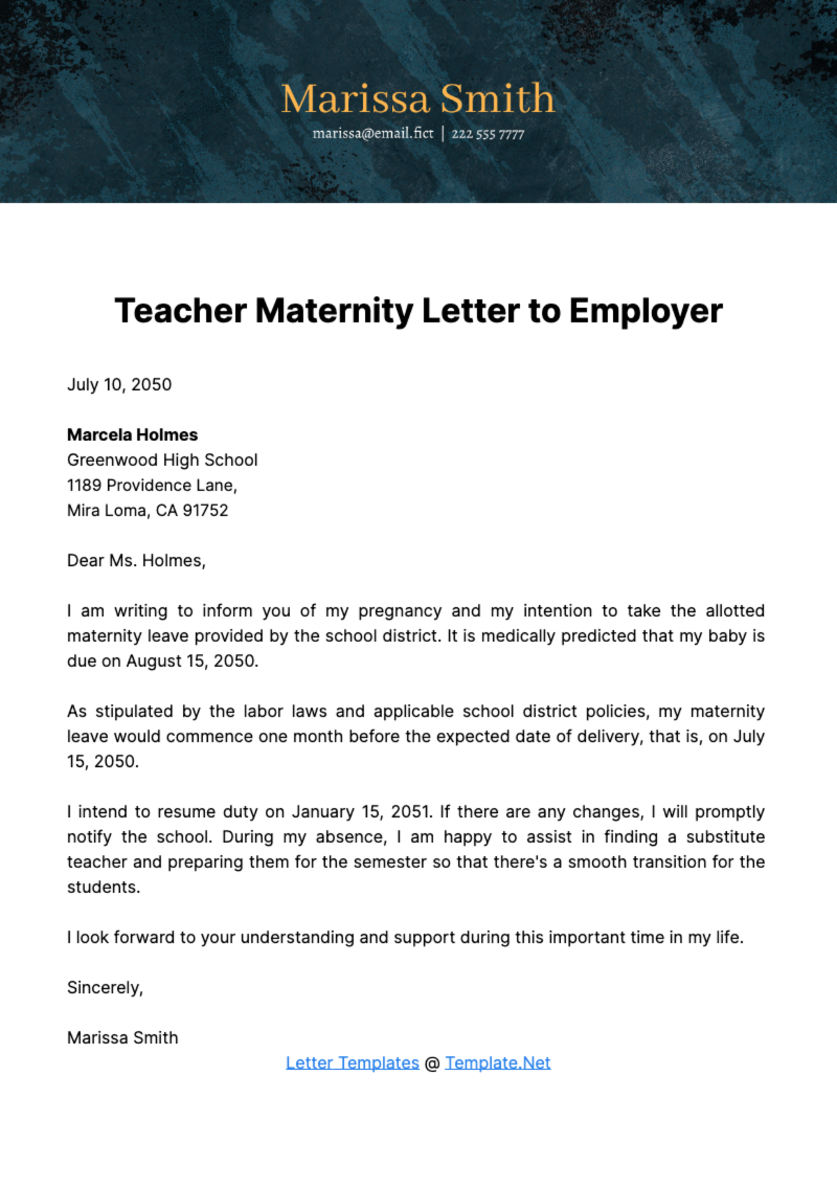 Free Teacher Maternity Letter to Employer Template